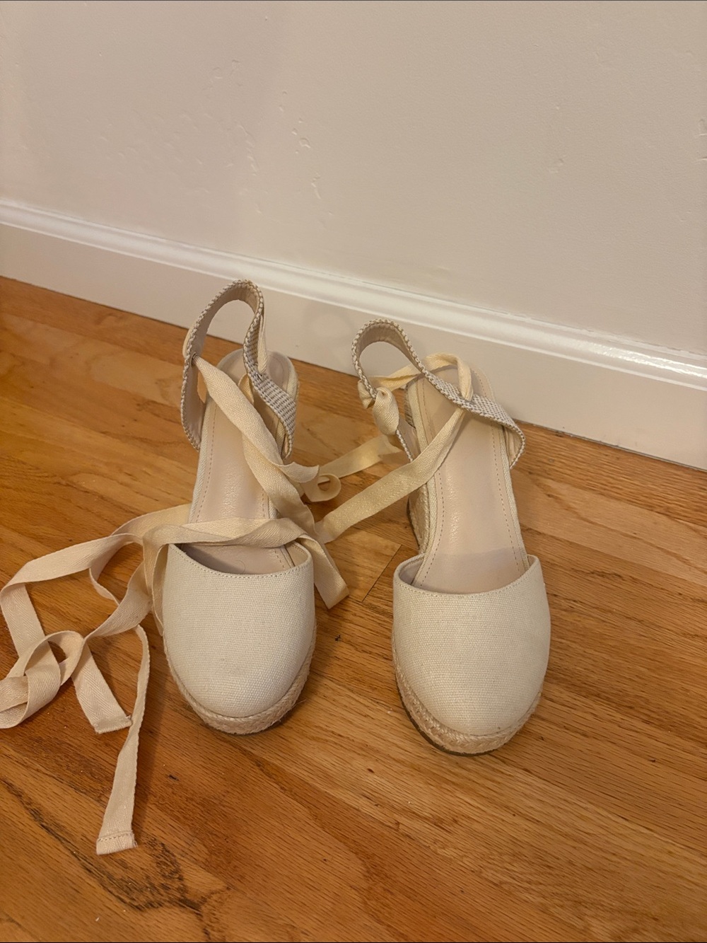Women’s Cream Espadrille Wedge Sandals with Ankle Tie